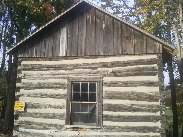 brown wooden cabin, surrounded by brown and green trees, yellow sign on the left of the cabin that says private, window in the middle